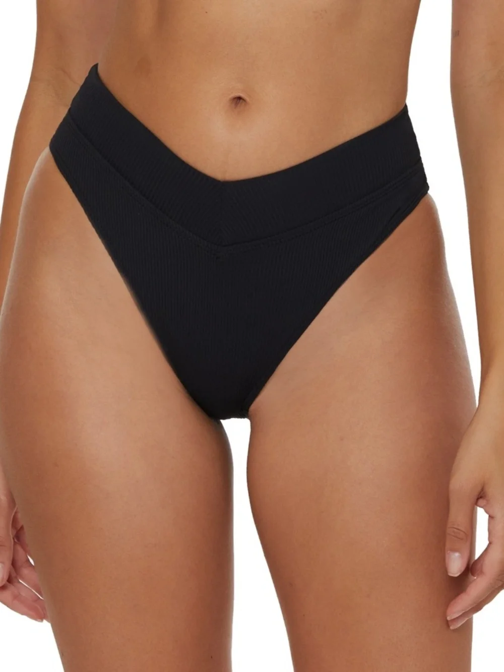 Becca Women's Modern Edge Textured Rib High-Waist Bikini Bottoms - Black